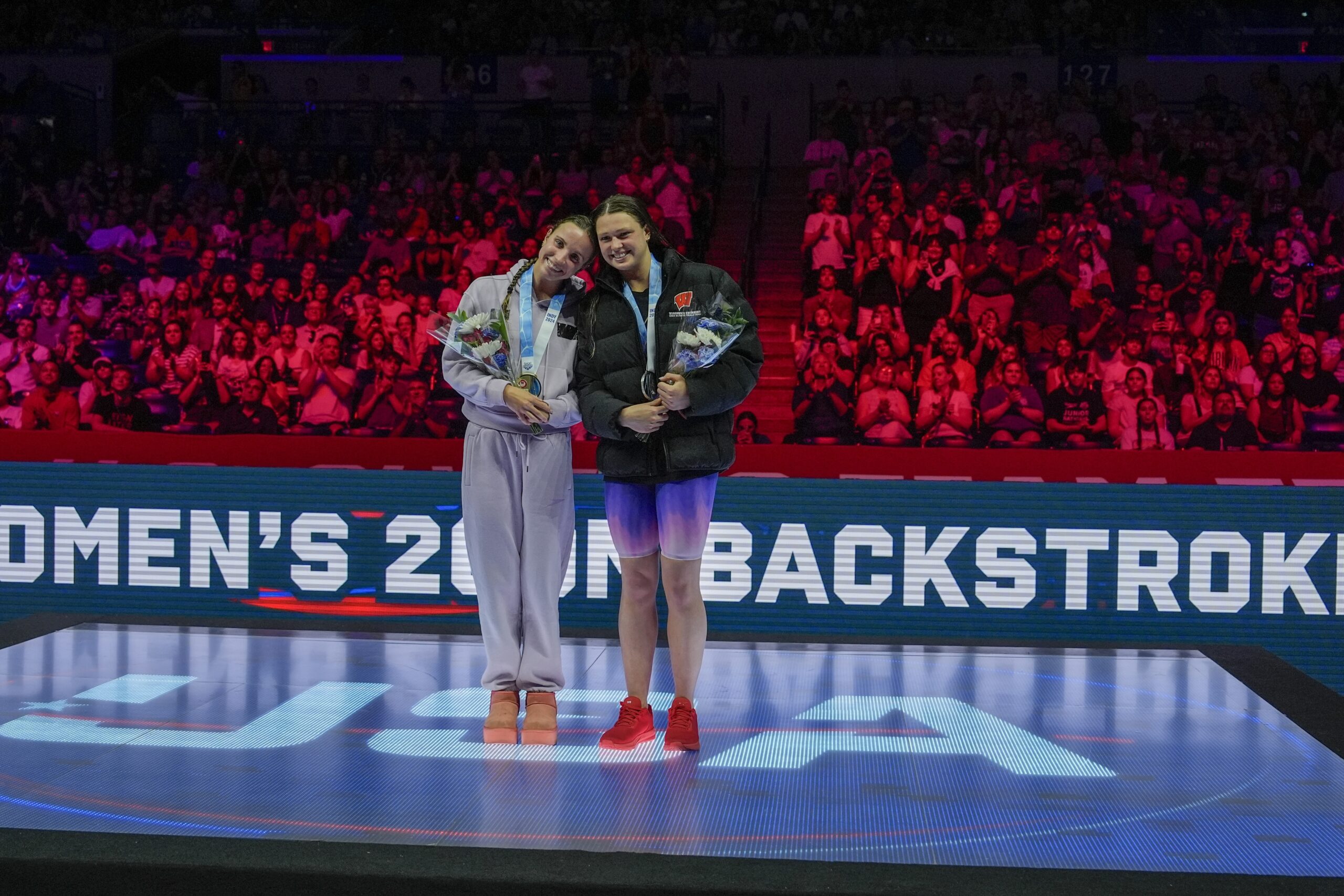 Regan Smith and Phoebe Bacon react after the Women's 200 backstroke finals.