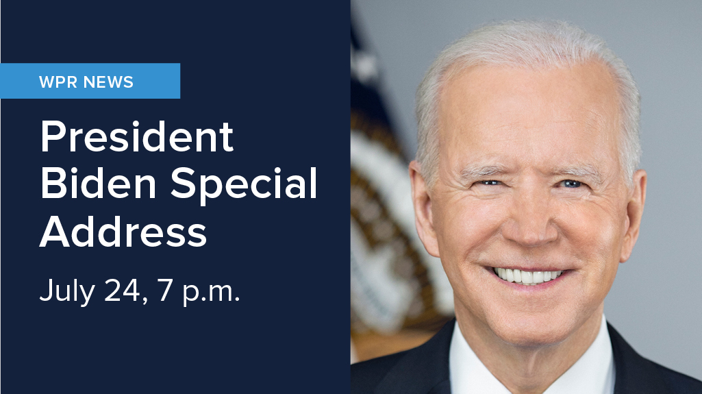 A photo of a smiling Joe Biden standing in front of a United States flag. President Biden special address at 7 p.m. on July 24.