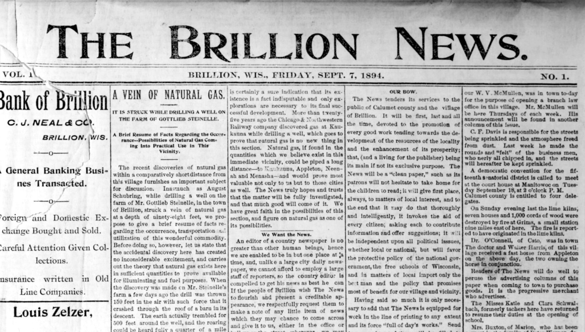 The first issue of The Brillion News published on Friday, September 7, 1894