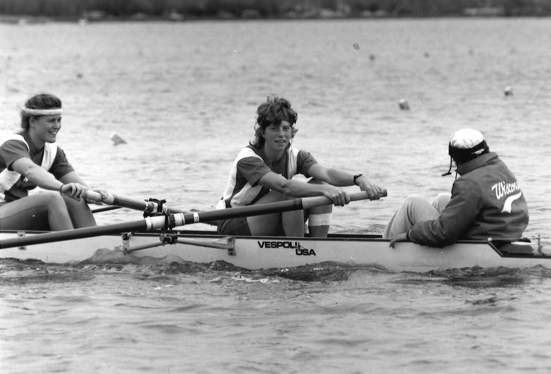 Cindy Rusher (center) of West Bend rows on the UW-Madison varsity eight boat in the mid-1980s. Photo courtesy UW Athletics