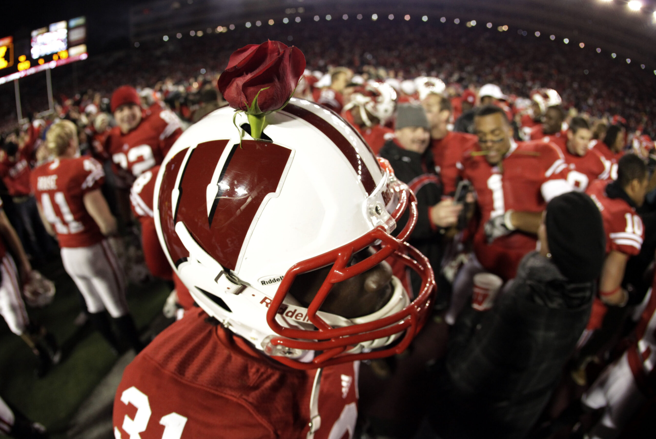 A Badger football player has a rose stuck in his helmet. The crowd is in the background.