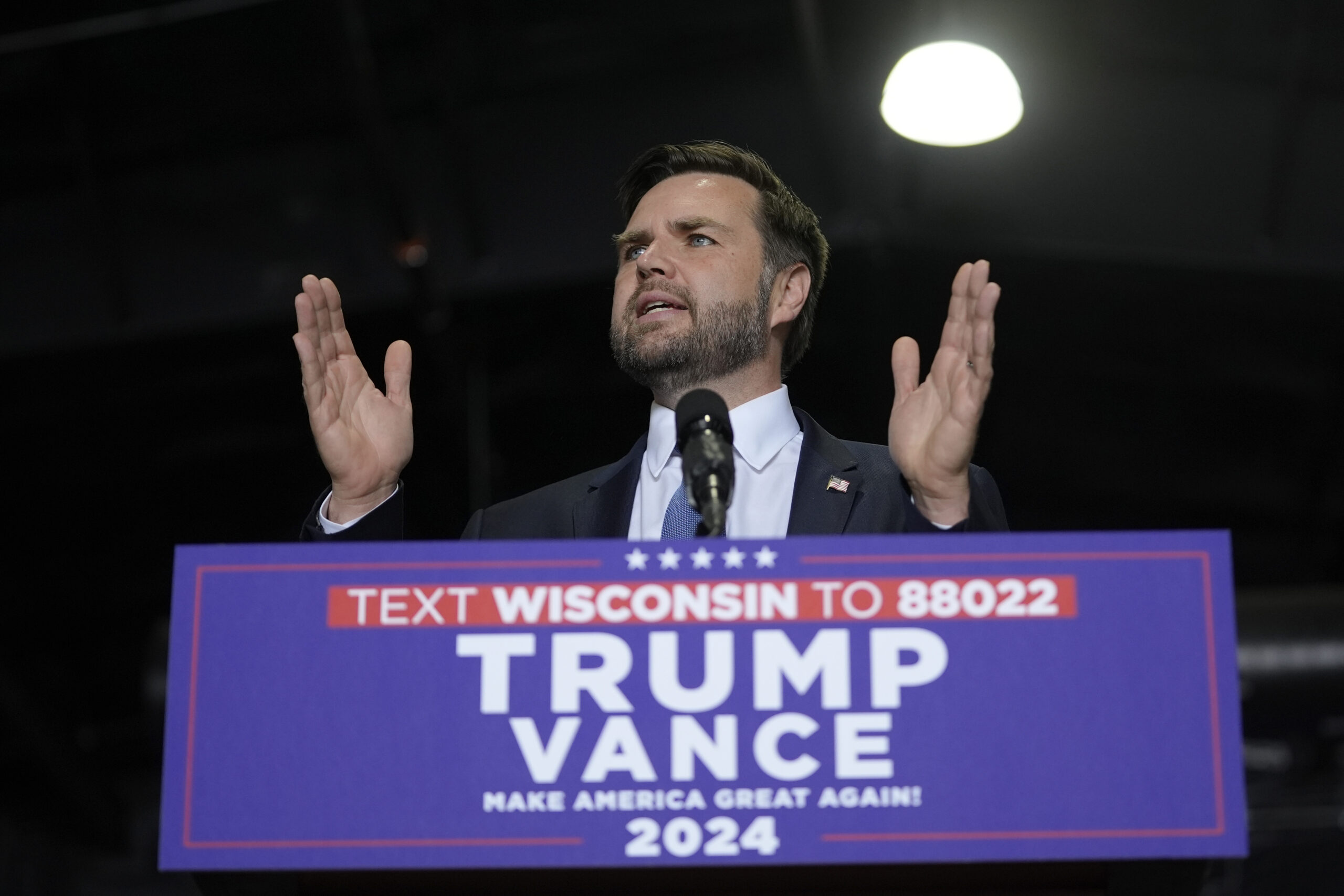 Republican vice presidential nominee Sen. JD Vance, R-Ohio, speaks at a campaign event, Tuesday, Sept. 17, 2024 in Eau Claire