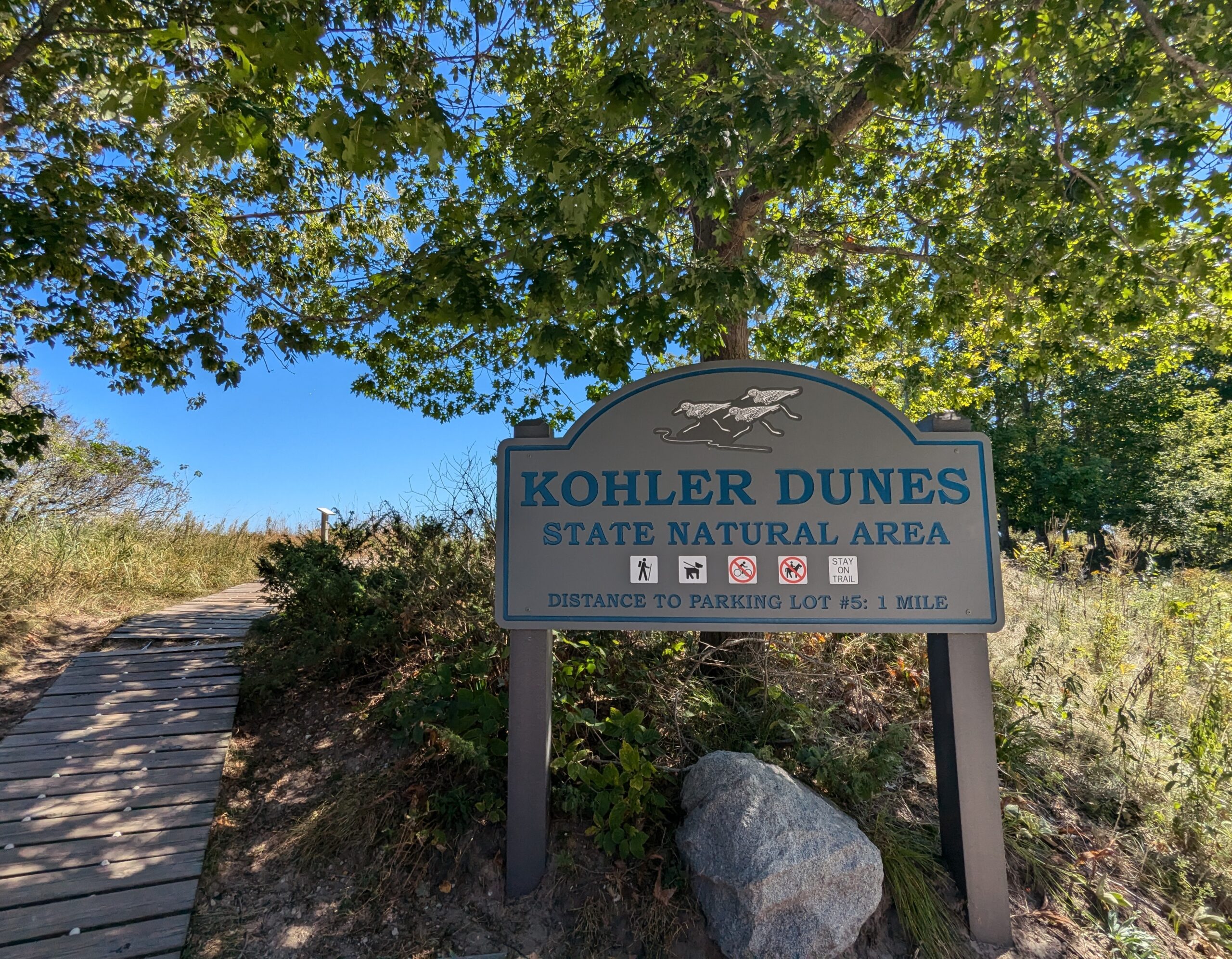 A light brown sign reads "Kohler Dunes State Natural Area" next to a cordwalk