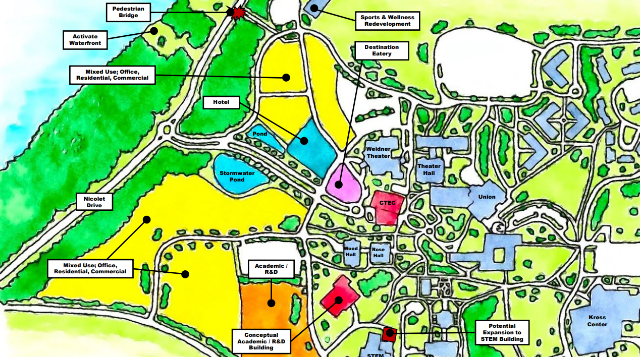 A hotel, destination restaurant, mixed use buildings with commercial opportunities and new academic buildings are all part of the conceptual map for the area being called the Phoenix Innovation Park.