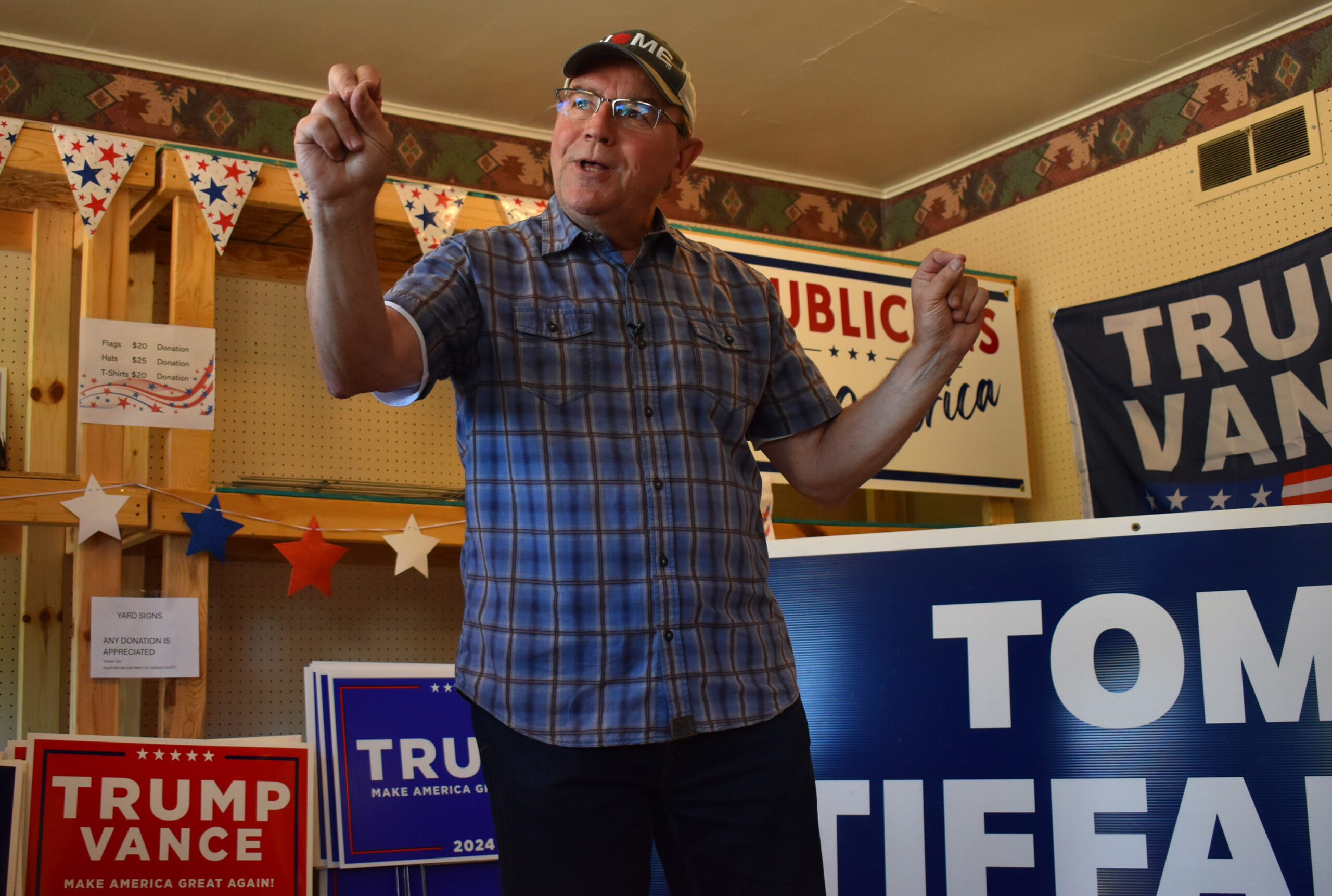 U.S. Rep. Tom Tiffany speaks to volunteers at the Oneida County Republican Party headquarters in Rhinelander. 