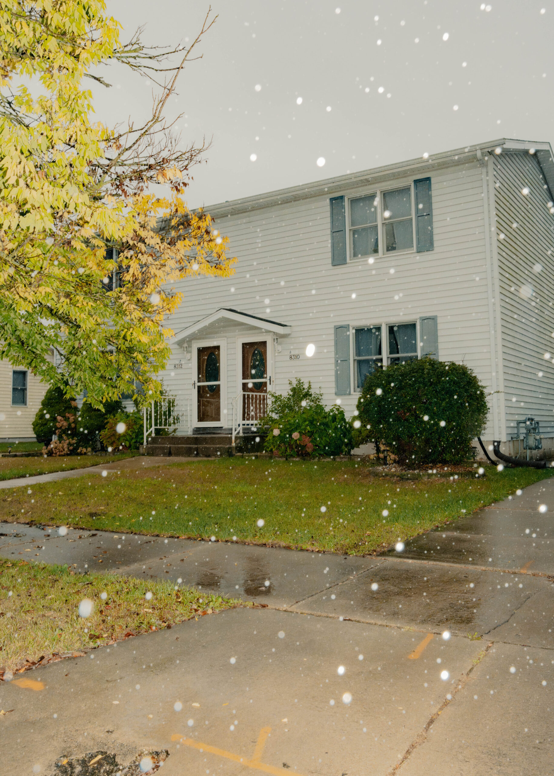 Rain droplets fall around a house with white shingles, surrounded by a few bushes and trees.