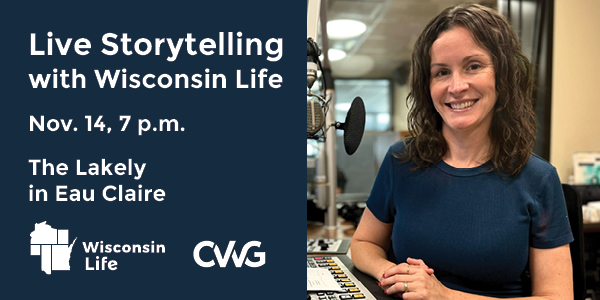 Maureen McCollum sits at a radio mixing board. Live storytelling with Wisconsin Life.