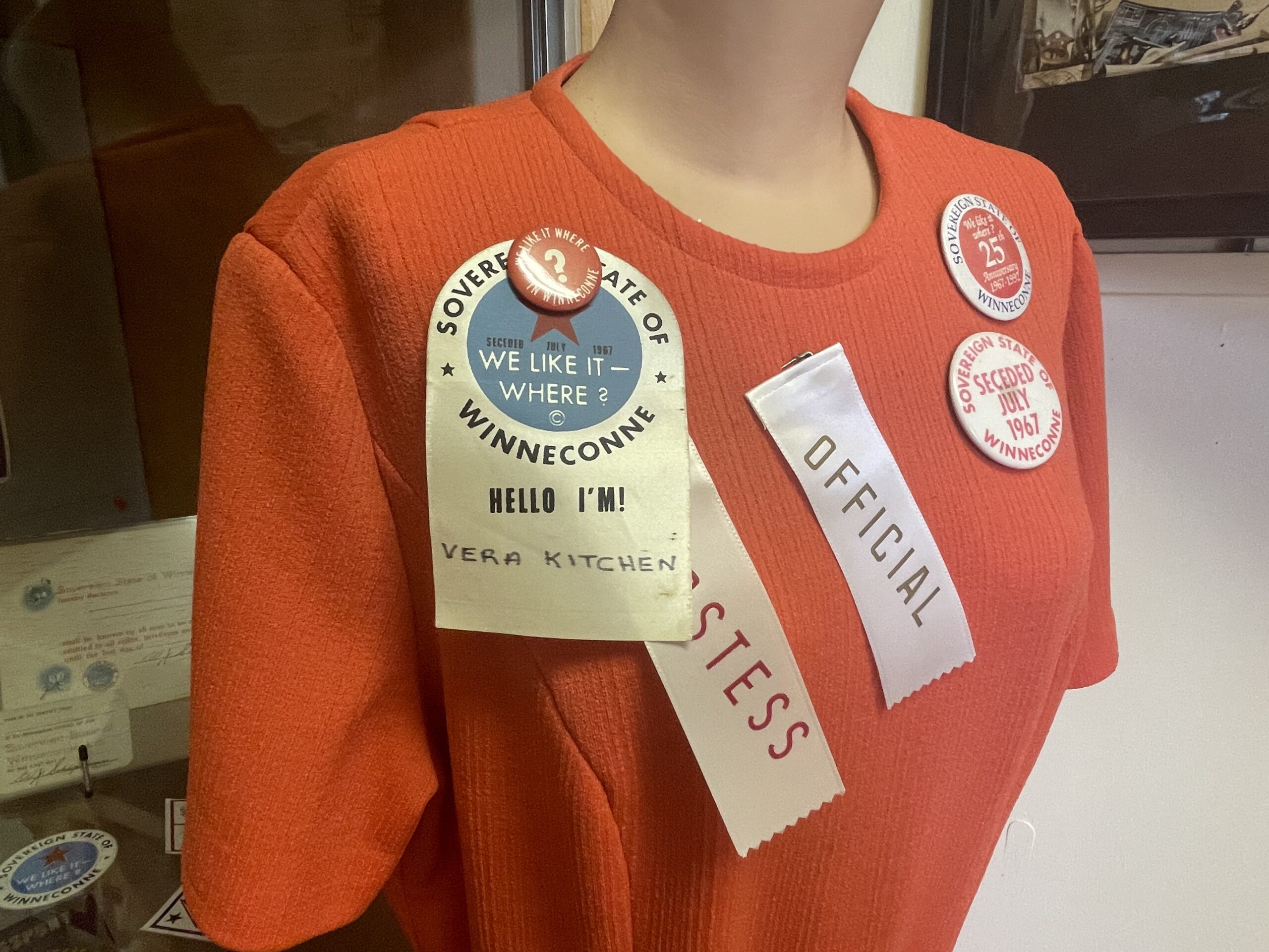 The dress worn by Vera Kitchen at the first annual Sovereign State Days event in July of 1967, displayed at the Winneconne Historical Society Museum