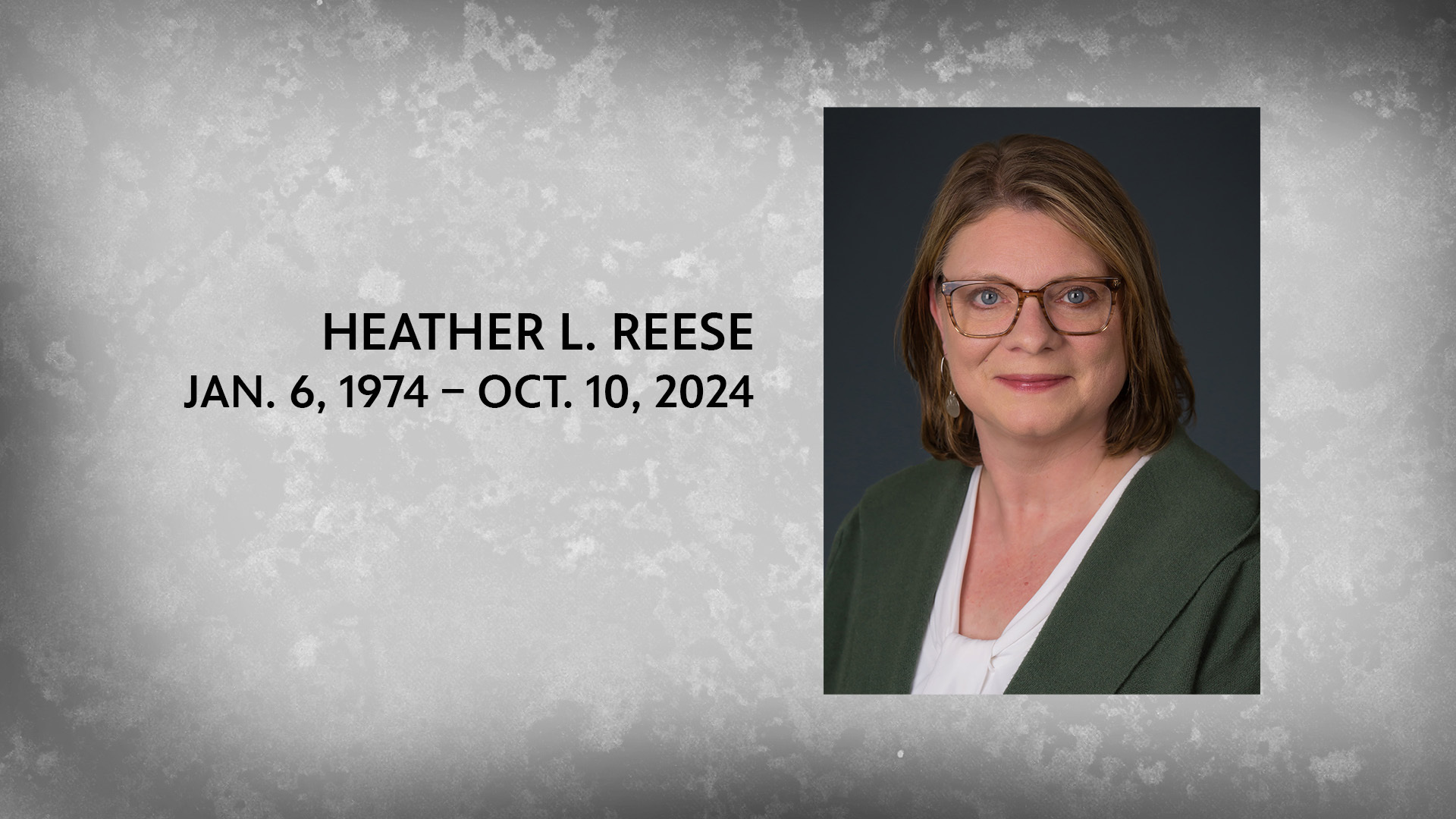 A memorial image for Heather L. Reese. January 1974 to October 2024. Heather is pictured.