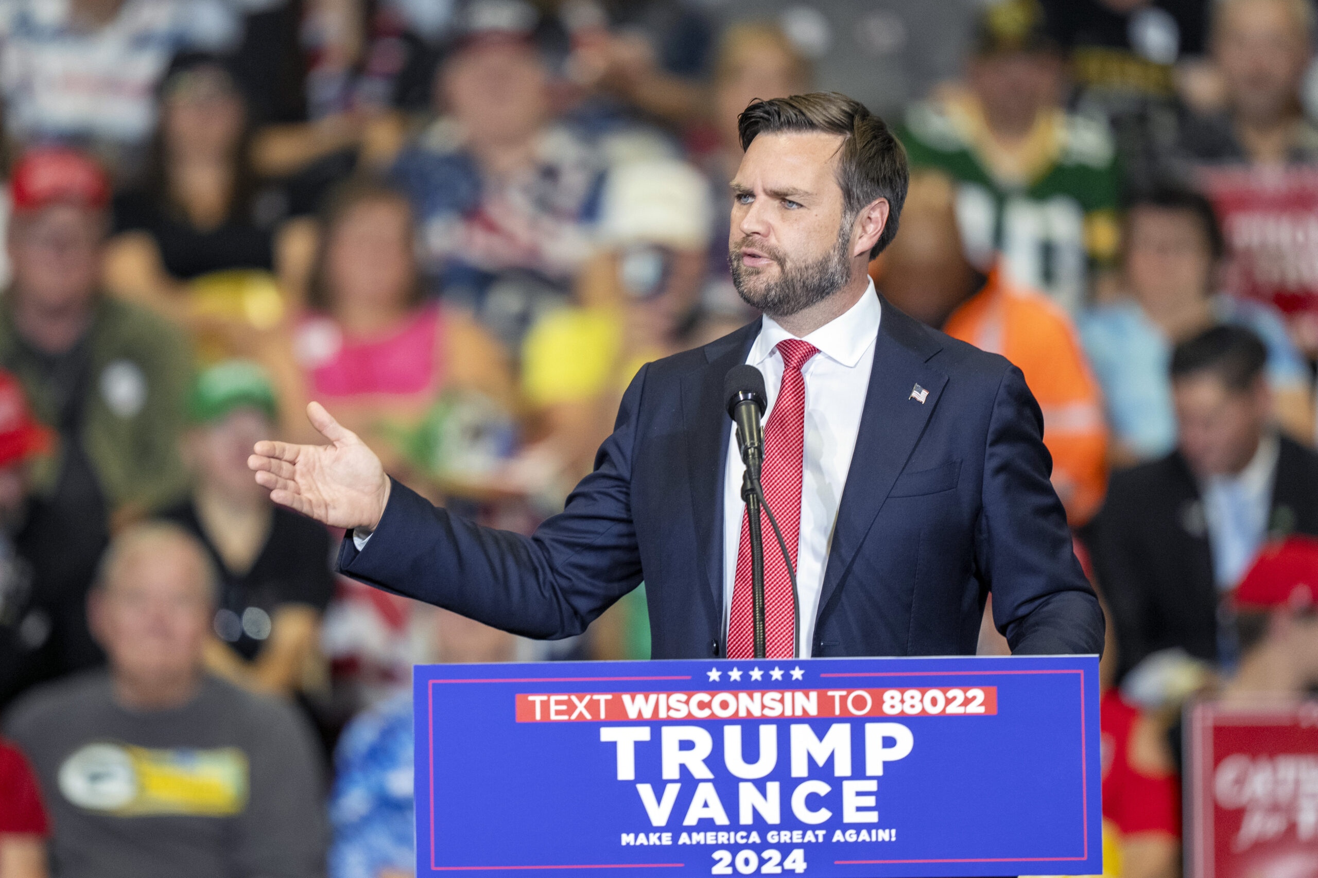 Republican vice presidential nominee Sen. JD Vance, R-Ohio, speaks during a campaign event Sunday, Oct. 20, 2024, in Waukesha, Wis.