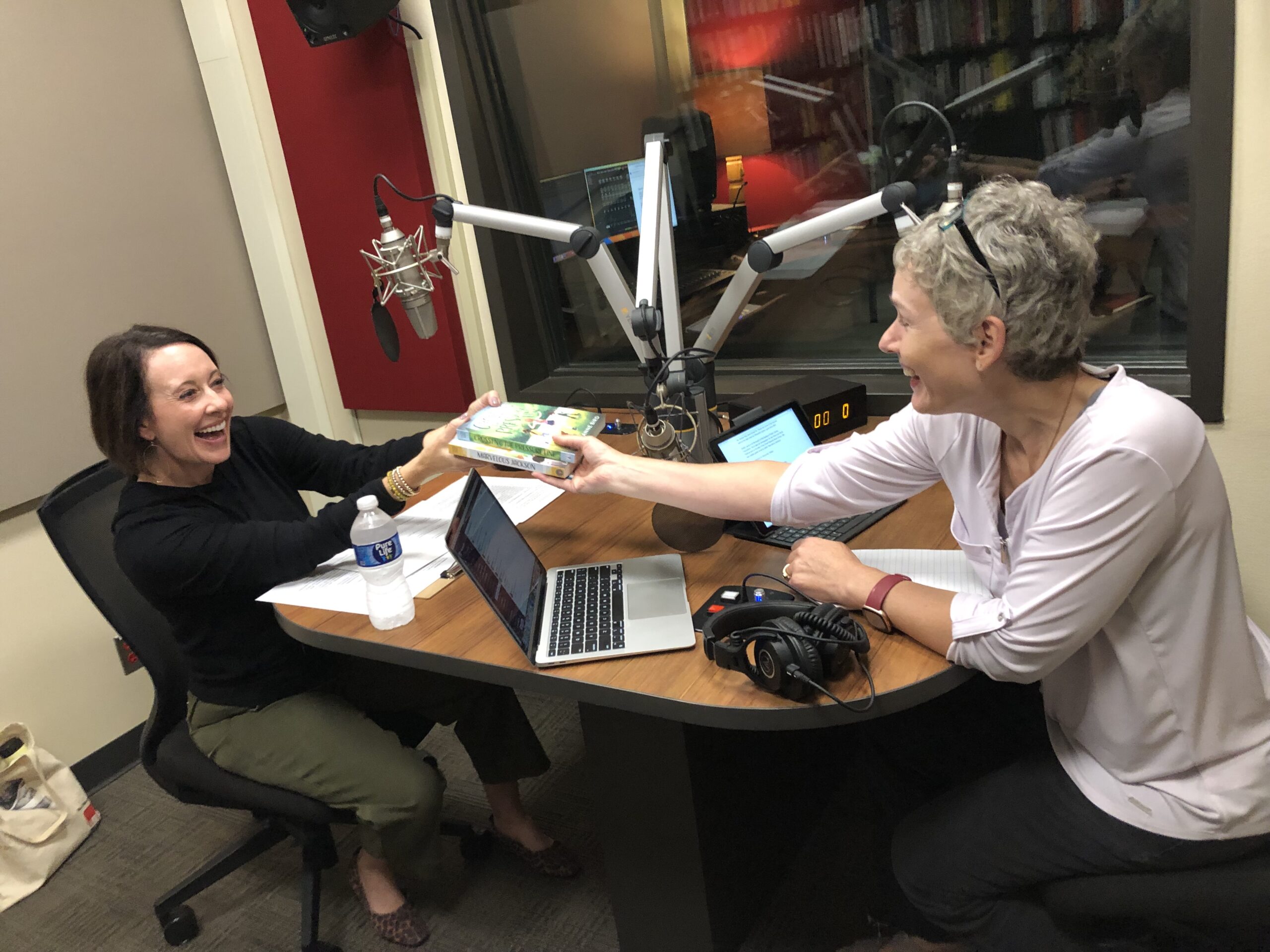 Wisconsin author Laura Anne Bird (left) shares her novels with WPR's "Wisconsin Today" host Kate Archer Kent before an interview in Madison.