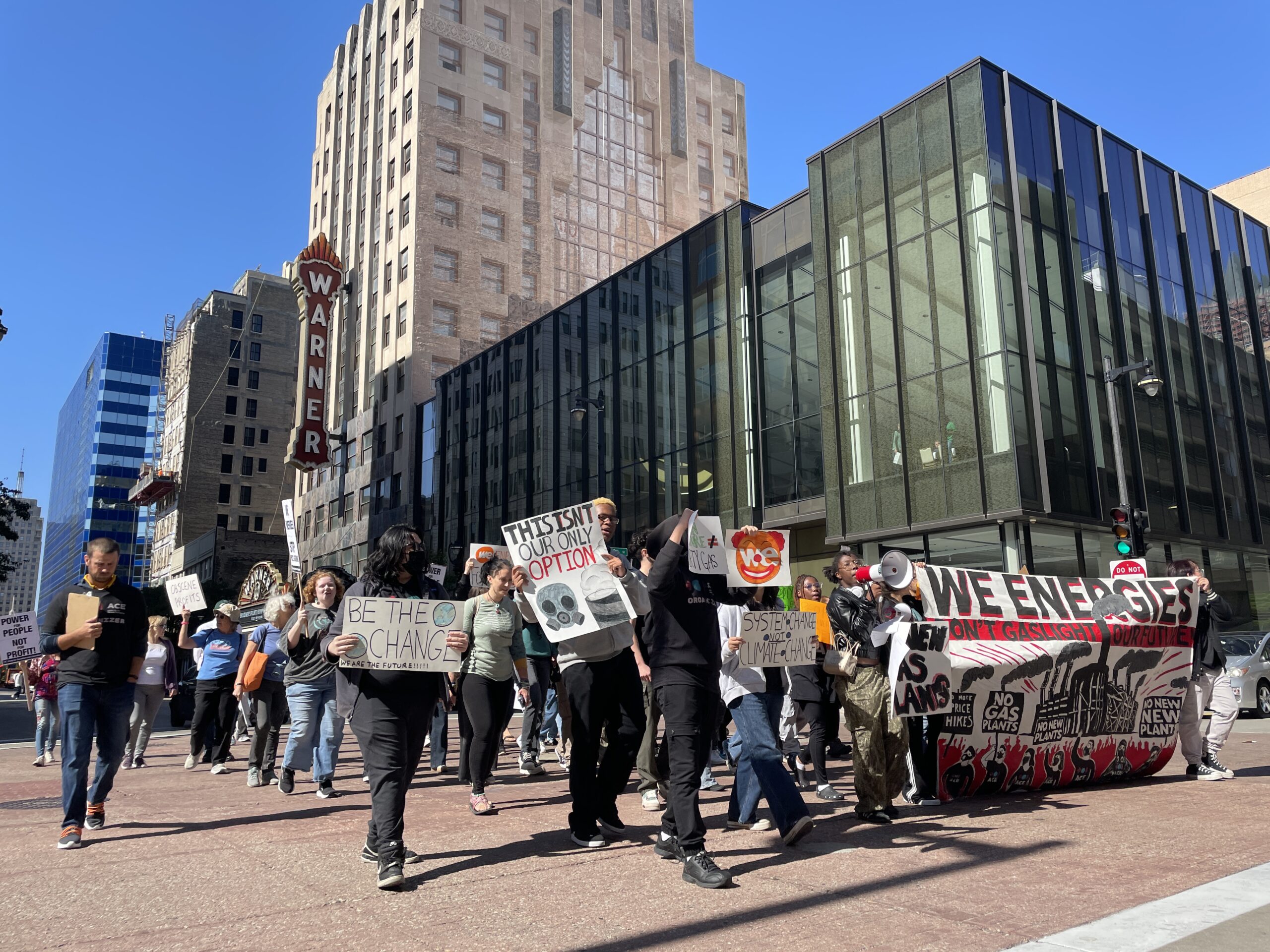 People protest We Energies' proposed 2025-26 rate increases in downtown Milwaukee, Oct. 3 2024