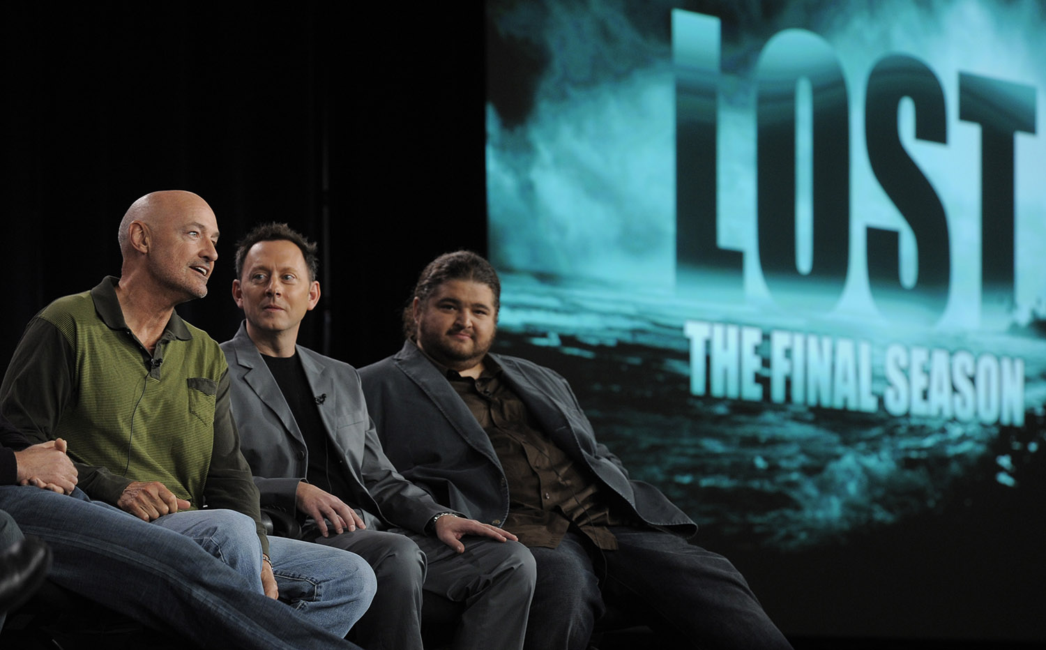 Terry O'Quinn, left, Michael Emerson, center, and Jorge Garcia, cast members of "Lost," participate in a panel discussion on the show at the Disney ABC Television Critics Association winter press tour in Pasadena, Calif., Tuesday, Jan. 12, 2010. (AP Photo/Chris Pizzello)