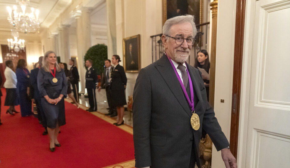 Filmmaker Steven Spielberg arrives for a National Arts and Humanities Reception in the East Room at the White House in Washington, Monday, Oct. 21, 2024. (AP Photo/Mark Schiefelbein)