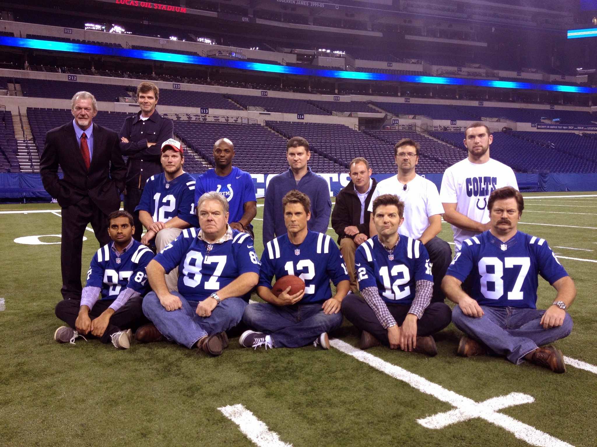 Cast members at Lucas Oil Stadium with members of the Indianapolis Colts organization (photo courtesy of Jim O'Heir)