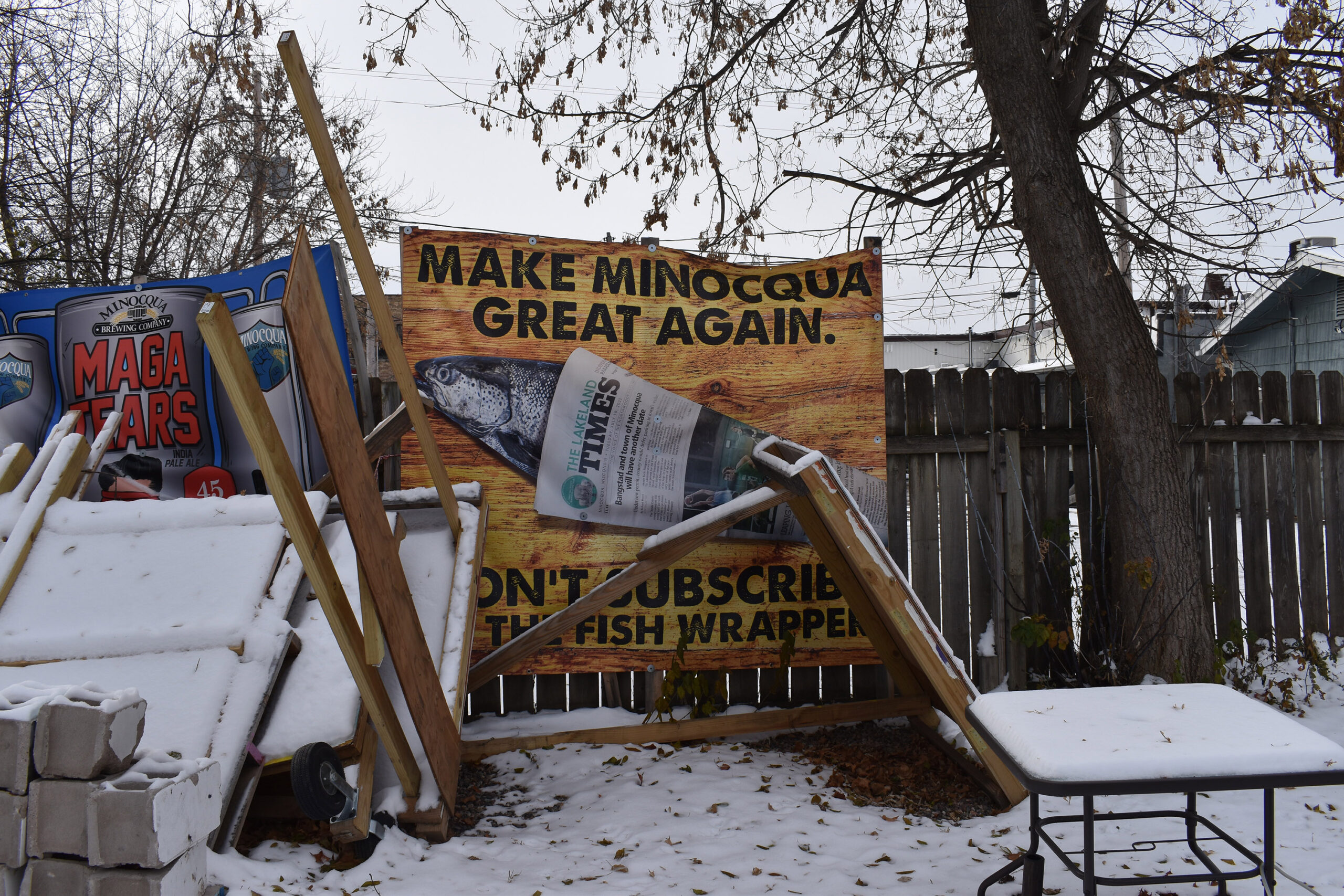 A sign outside Minocqua Brewing Company in Minocqua urges people to boycott the local newspaper.