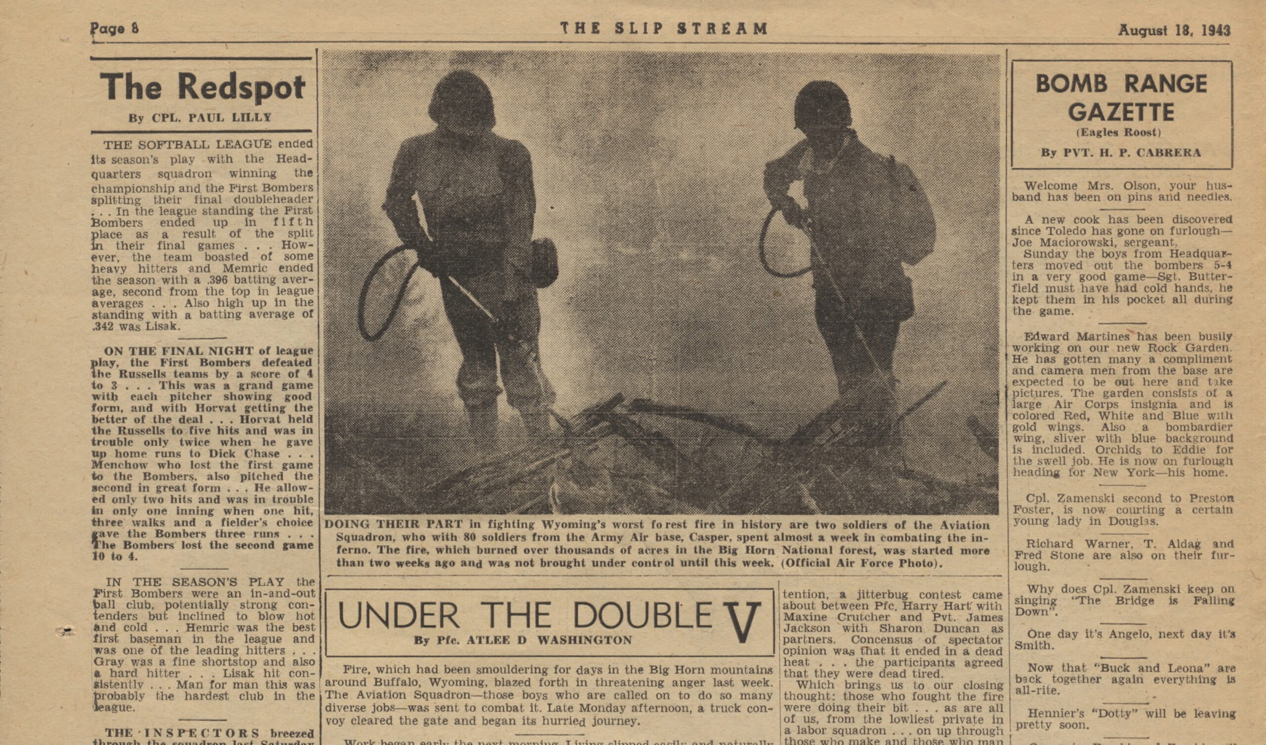 1943 newspaper page features articles with headlines The Redspot, Bomb Range Gazette, and Under the Double V, alongside a silhouetted photo of two soldiers handling equipment.