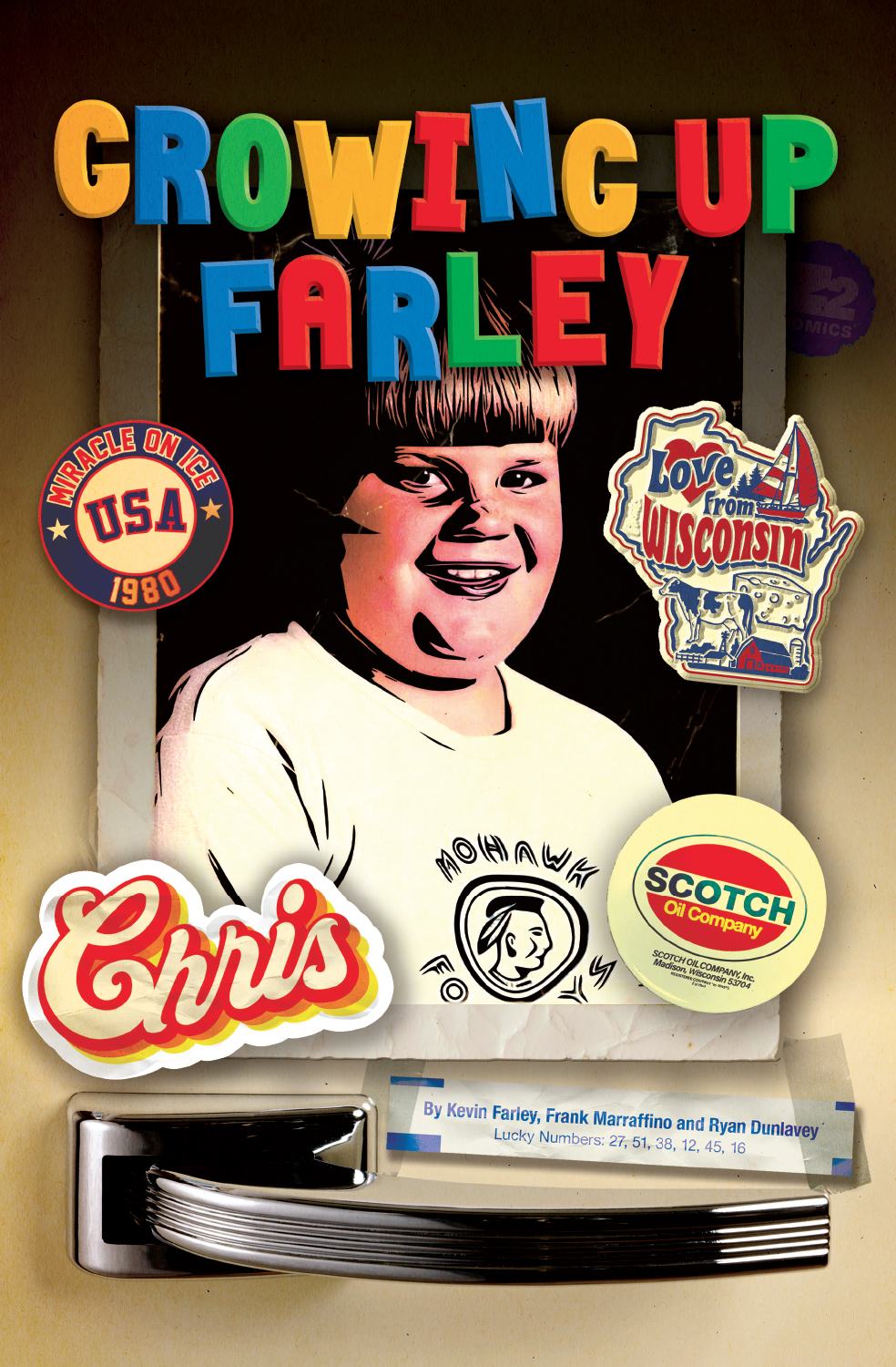 Colorful collage featuring a smiling person in the center, surrounded by stickers reading Growing Up Farley, Chris, and other logos. A silver object is at the bottom.