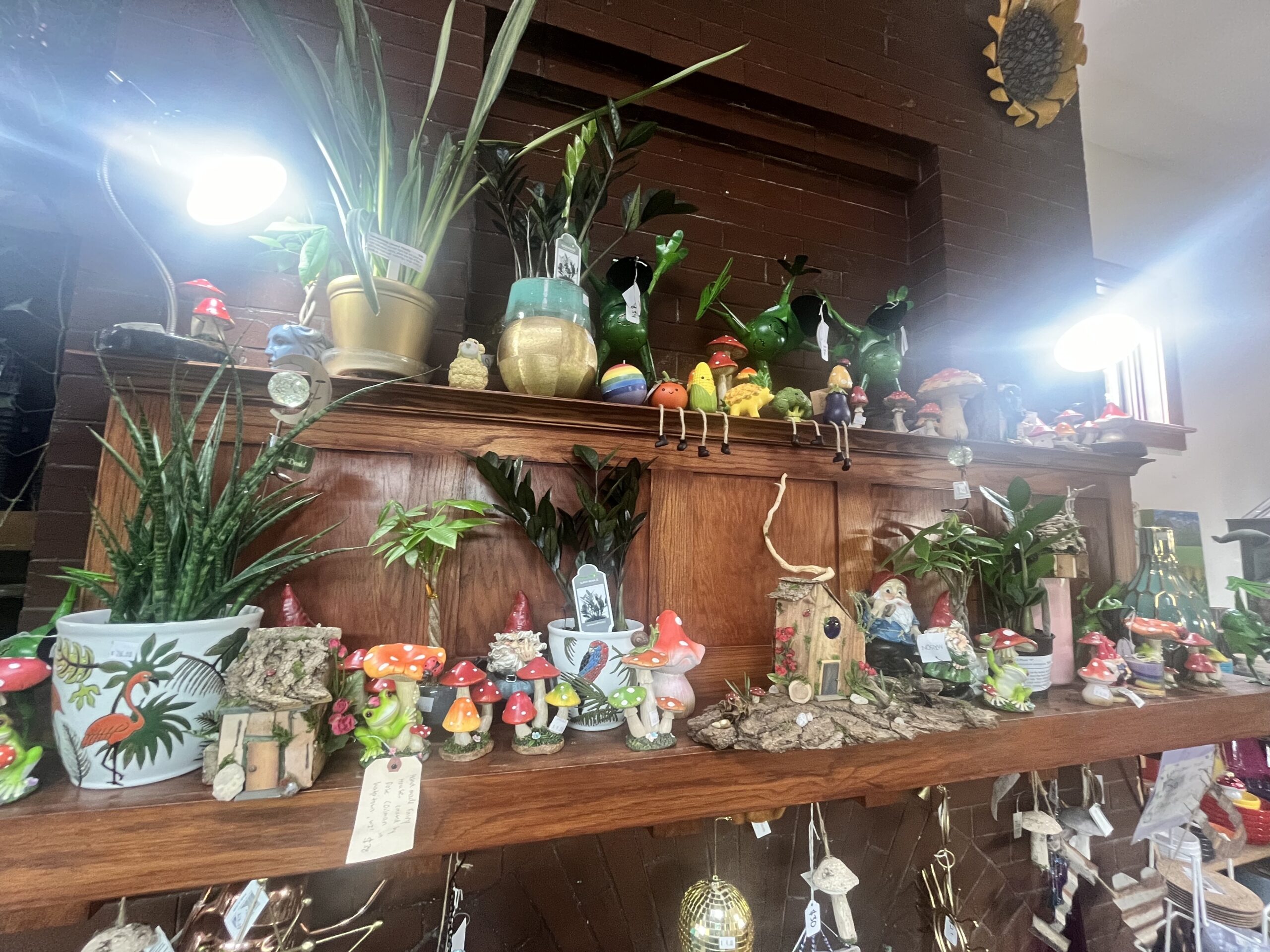 Wooden shelf with various potted plants, colorful gnome figurines, small birdhouses, and decorative mushrooms under two overhead lights.