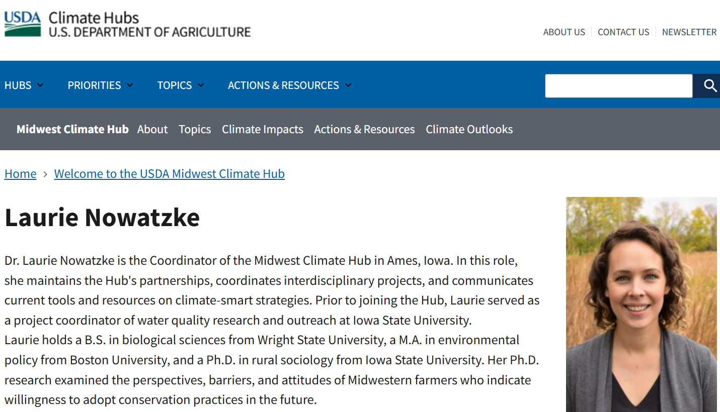 Screenshot of a USDA Climate Hubs webpage showing a profile for Laurie Nowatzke, Coordinator of the Midwest Climate Hub, including her background and qualifications in agriculture and sociology.