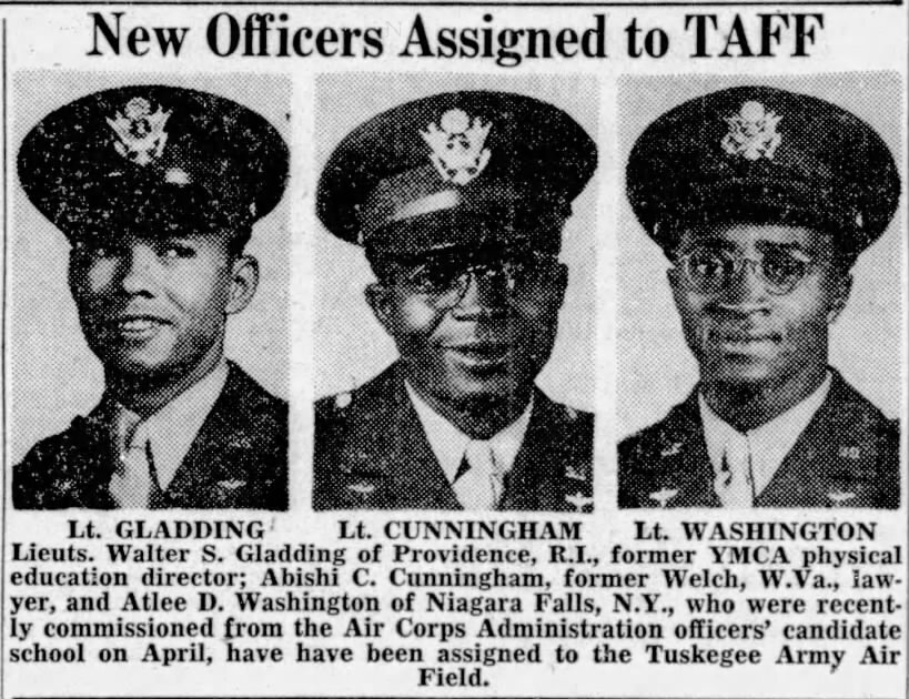 Three newly assigned officers, Lt. Gladding, Lt. Cunningham, and Lt. Washington, in military uniforms, shown in headshots under a headline about their assignment to the Tuskegee Army Air Field.