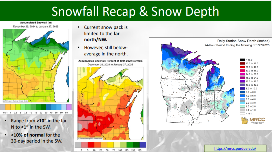 Map highlighting snowfall and snow depth in the Midwest for December 2024 to January 2025. Snowfall is above normal in the far north and northwest, below average elsewhere.