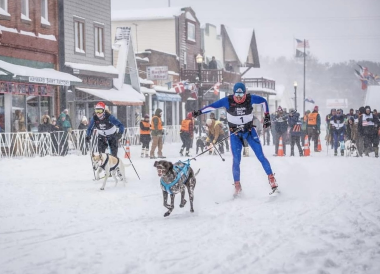 Two skijor racers with dogs compete in a snowy street lined with buildings and spectators.