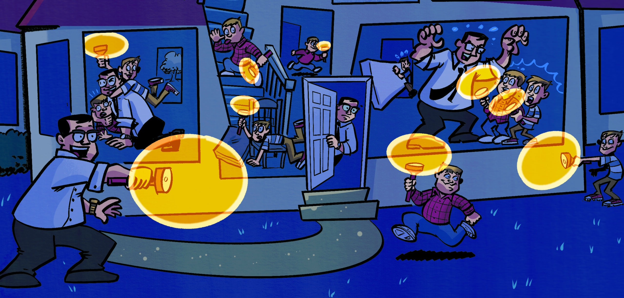 Cartoon of people searching for something at night with flashlights outside and inside a house.