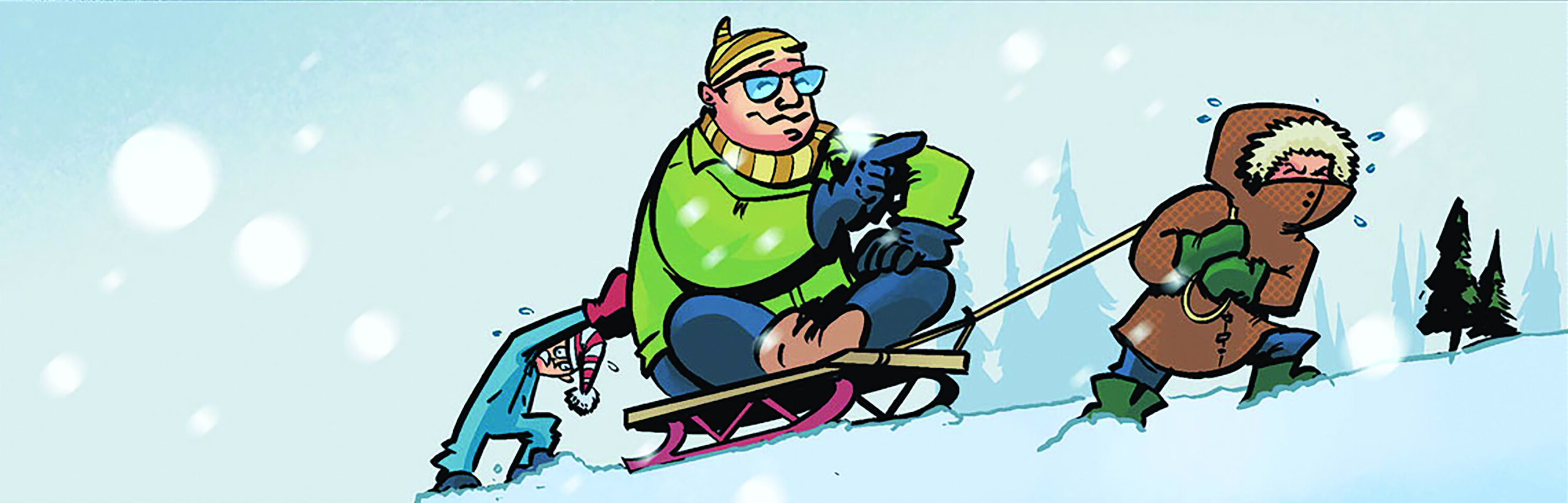 A person bundled in winter clothes pulls another person wearing a green coat and hat on a sled up a snowy hill. Trees are visible in the background.