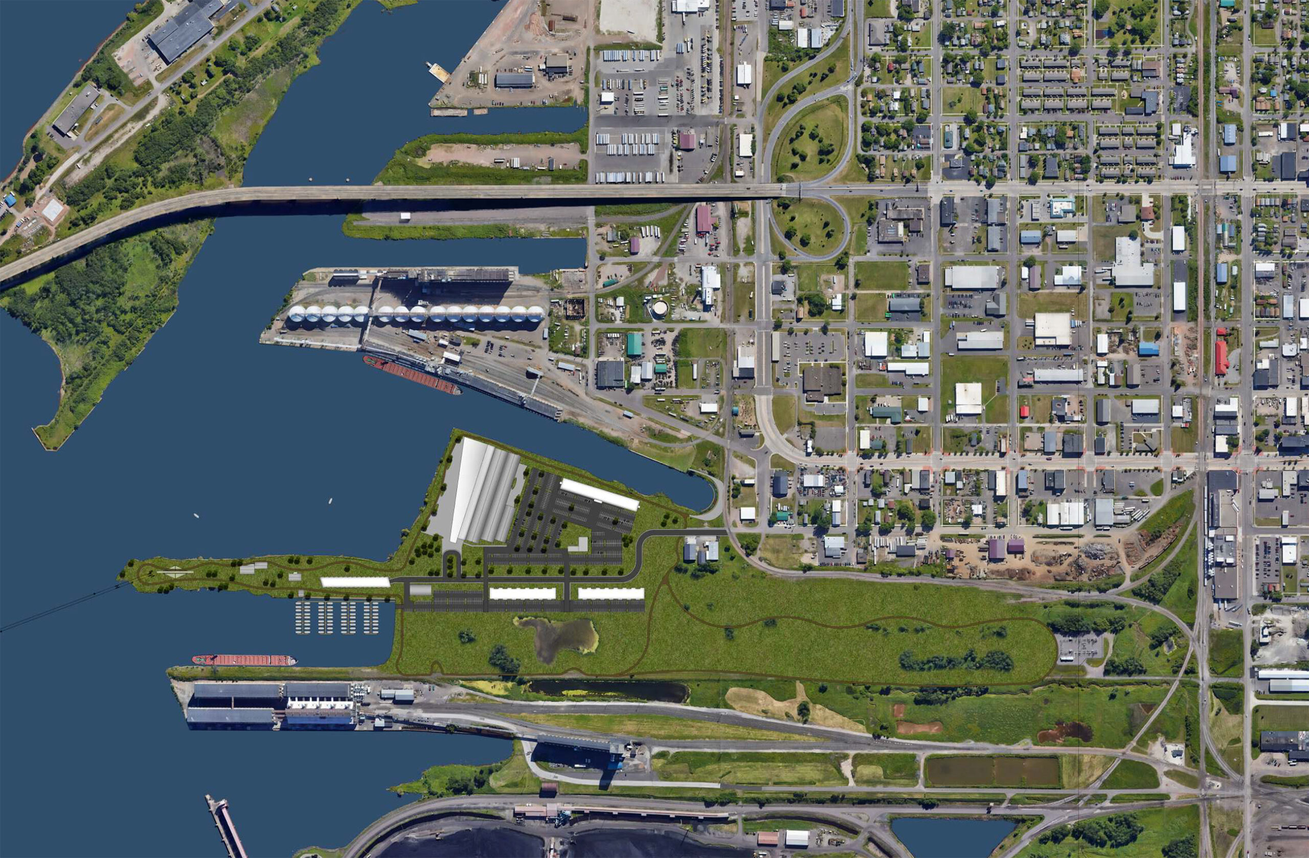 Aerial view of an industrial area with waterways, roads, green spaces, and buildings. Residential neighborhood at the top right, bridges and ships visible in the water.