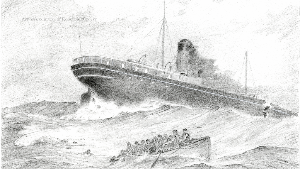 Pencil sketch of a ship sinking in rough seas, with a lifeboat carrying people in the foreground, battling the large waves.