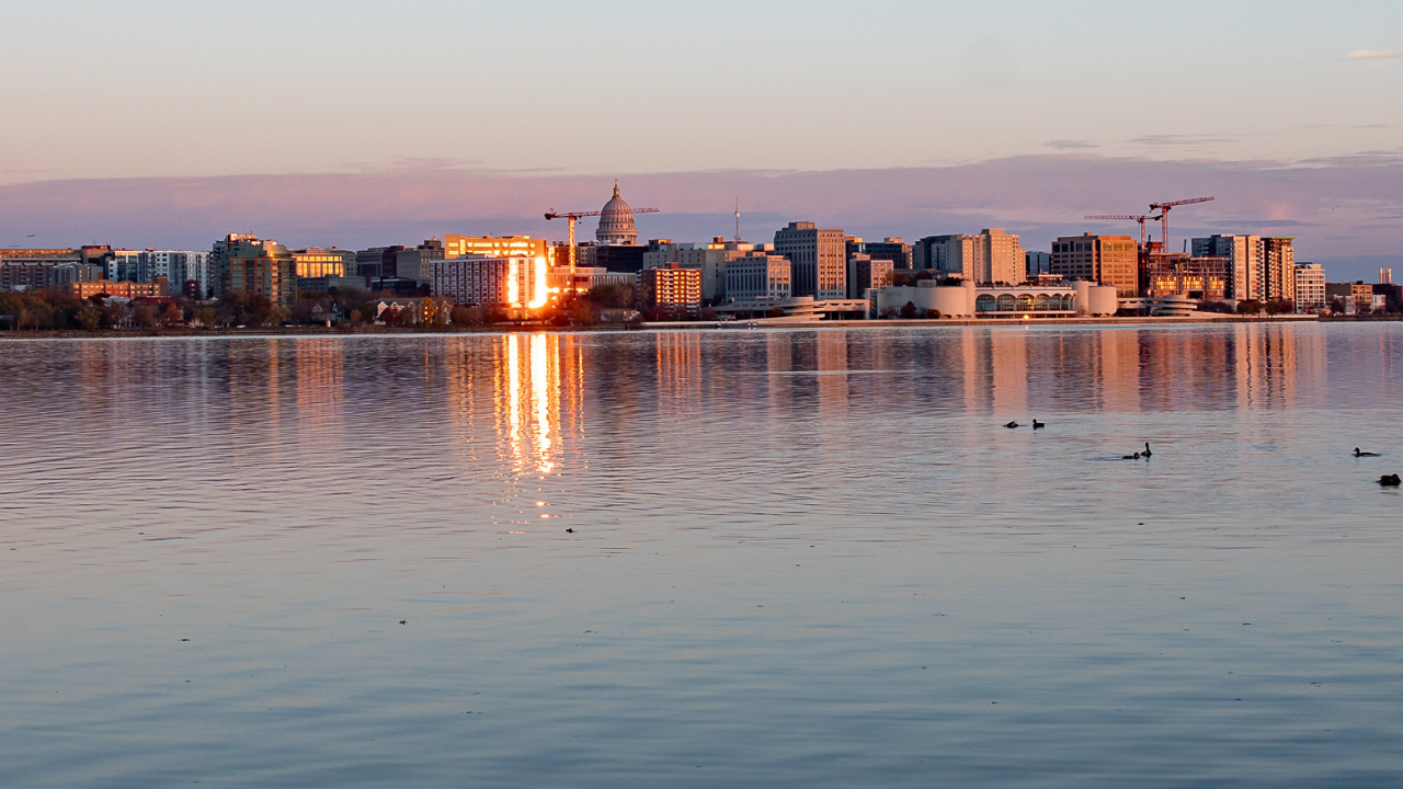 City skyline at sunset reflecting on a calm lake, with ducks on the water and cranes visible behind the buildings.