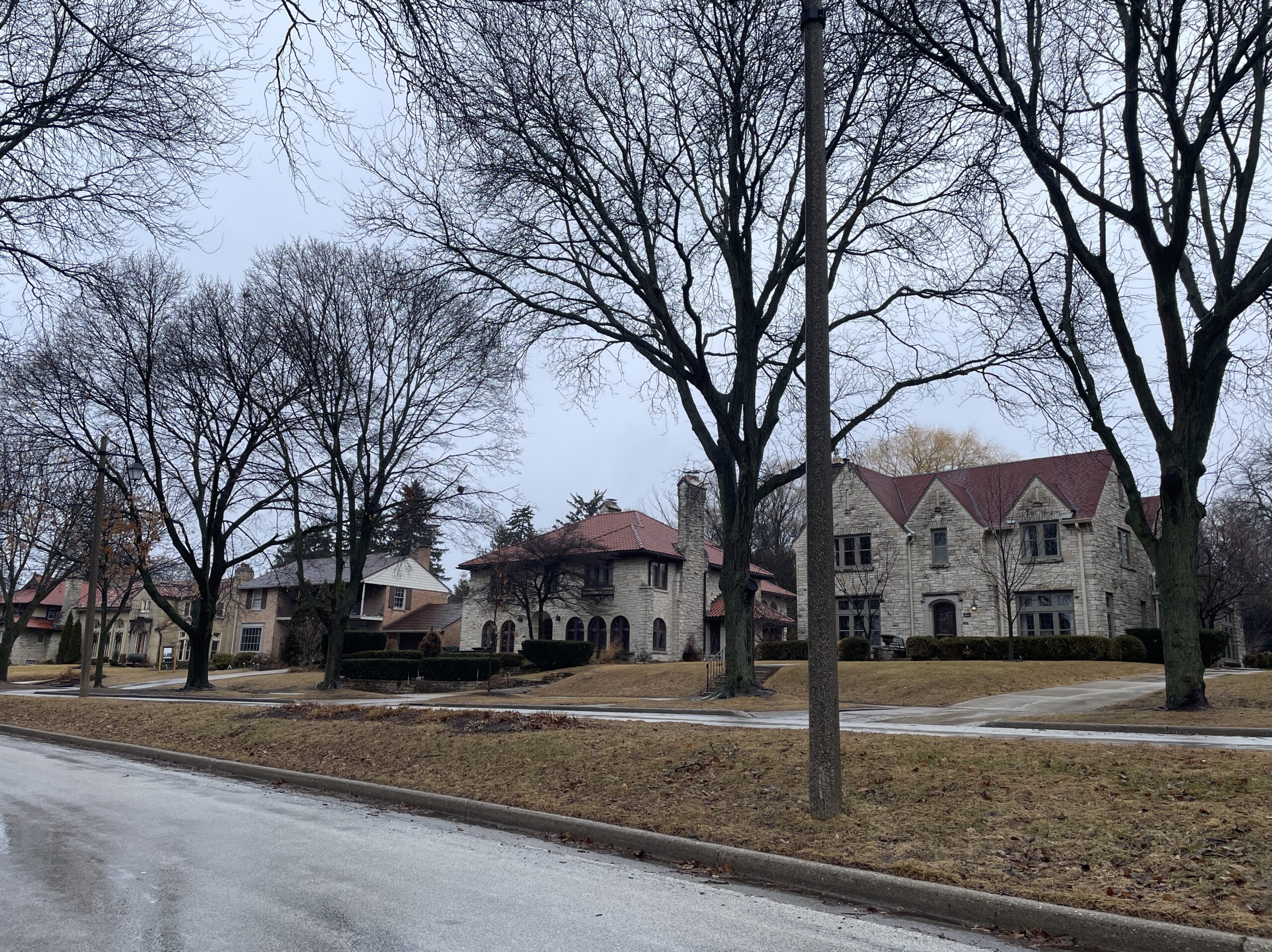 A row of large stone houses with red roofs on a suburban street. Bare trees line the sidewalk, and the sky is overcast.