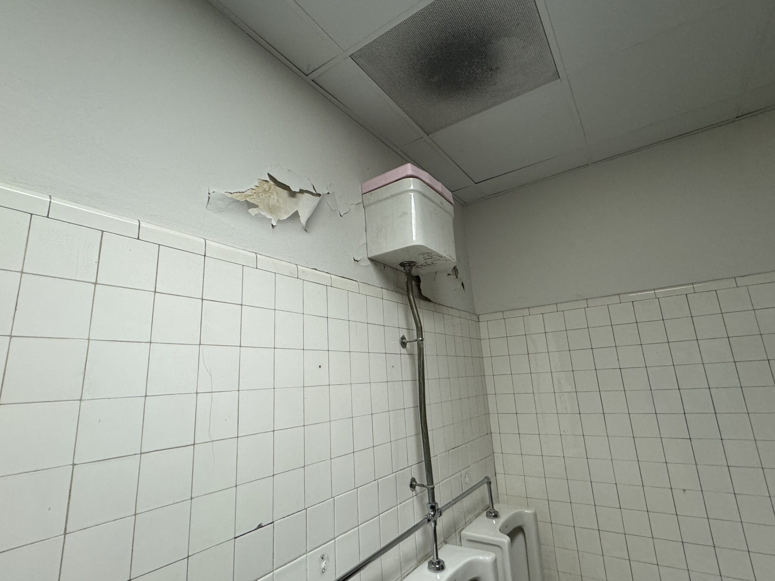 A bathroom corner with two urinals. The wall has peeling paint, and theres an old water tank above with visible stains on the ceiling tiles.