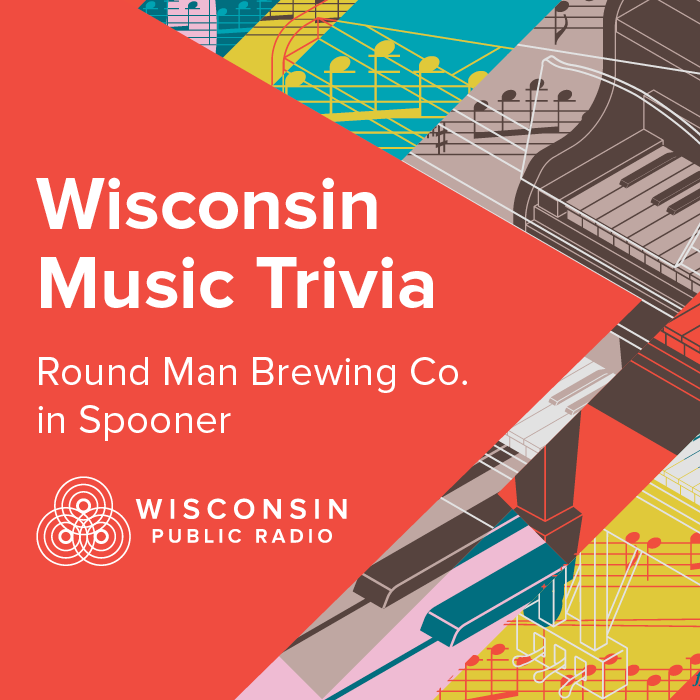 Colorful geometric poster for Wisconsin Music Trivia event at Round Man Brewing Co. in Spooner, organized by Wisconsin Public Radio.