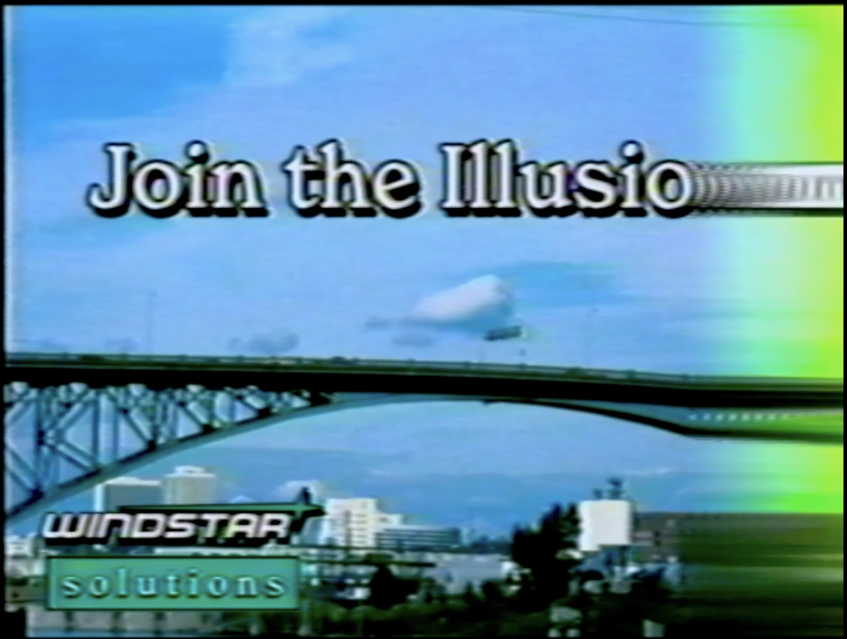 Retro-style digital artwork featuring a bridge, with the text Join the Illusion. Logos for Windstar and solutions are visible at the bottom.