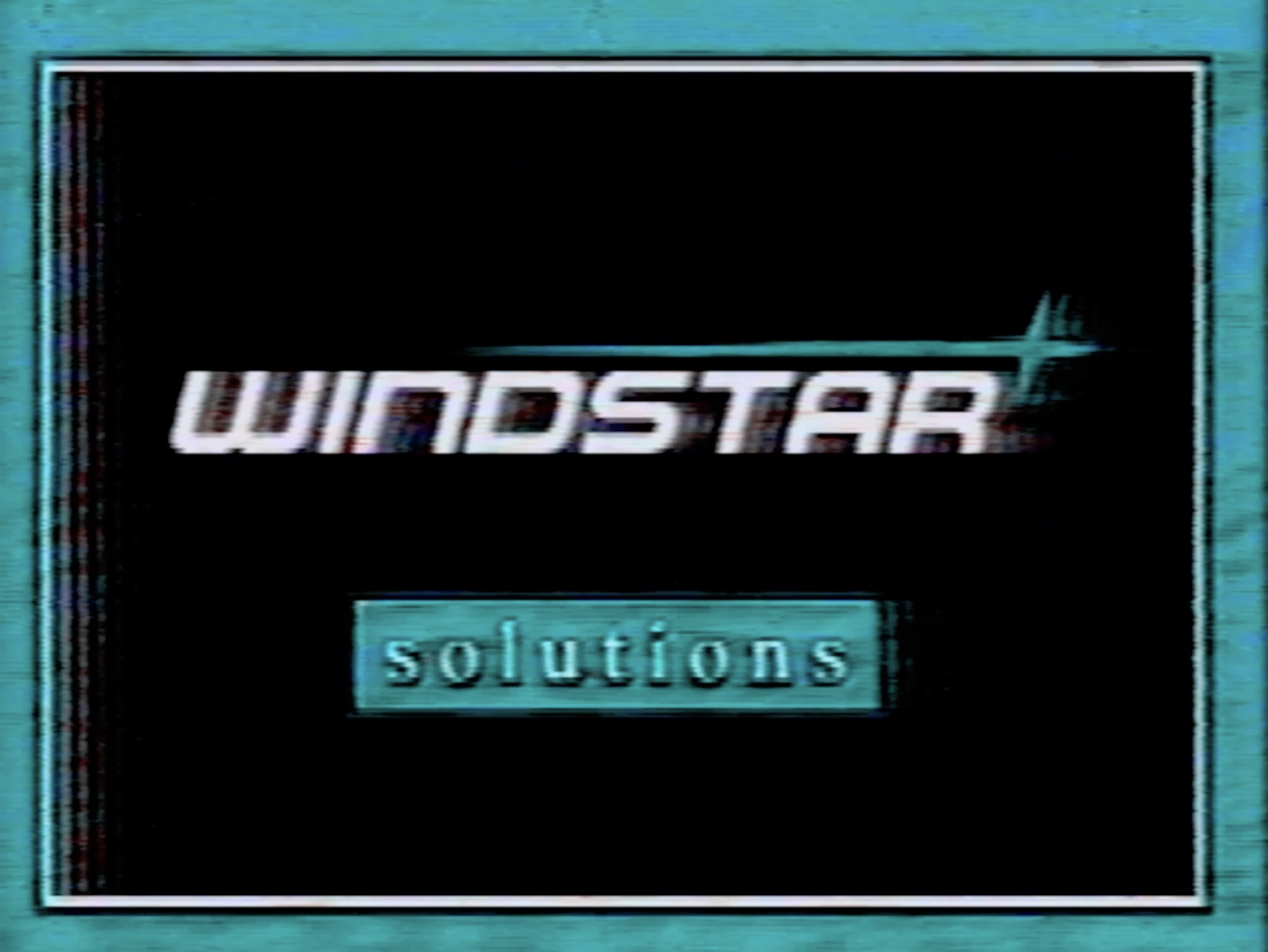 Retro-style graphic with the word WINDSTAR above and solutions below, both in blocky text. The background is black with a cyan border.