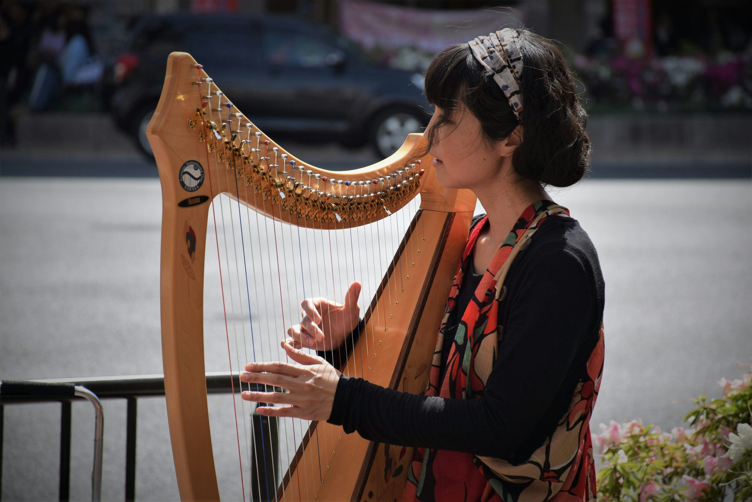 Person playing a harp outdoors, wearing a patterned outfit and headband, with a street and parked car in the background.