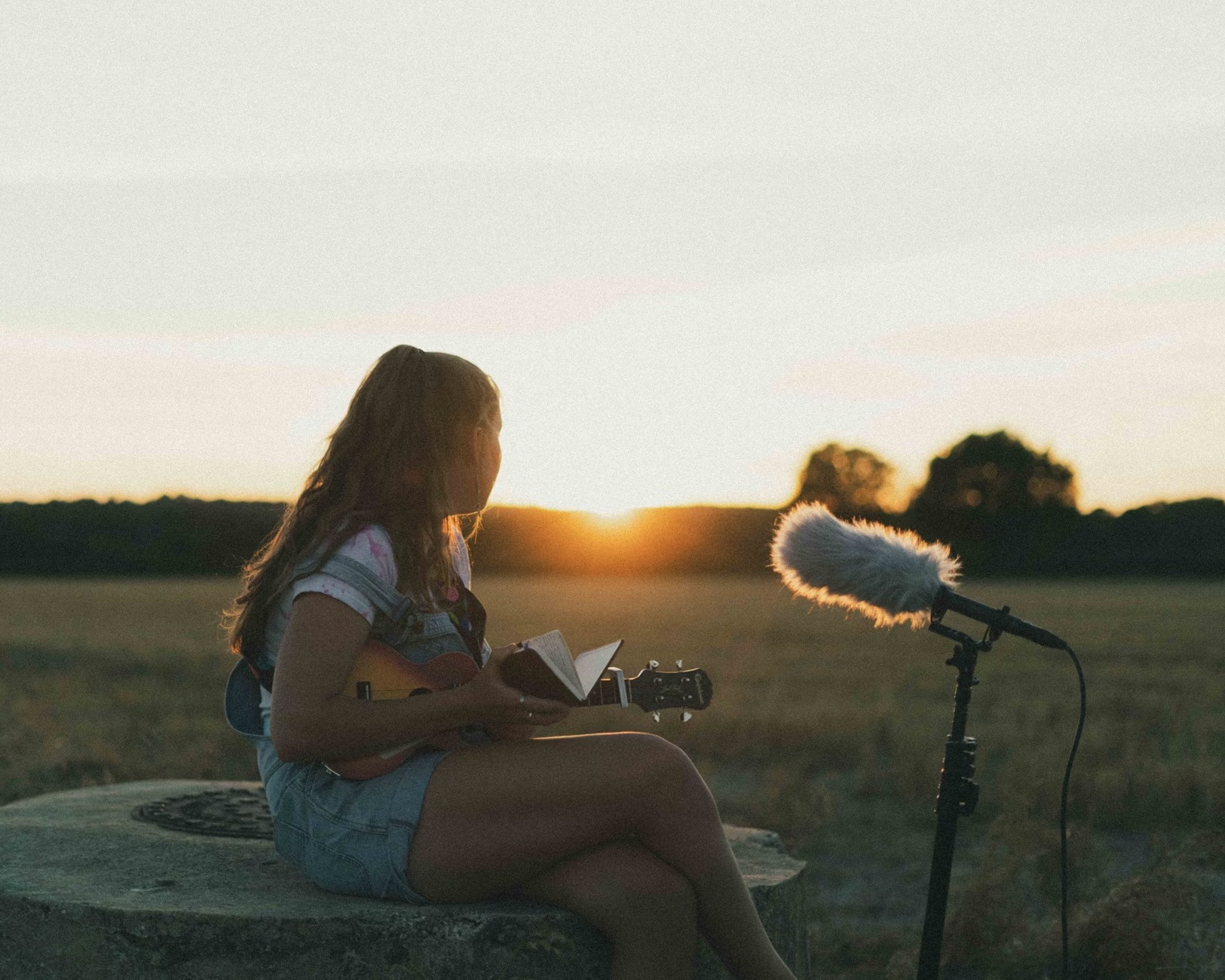 A person sits outdoors at sunset with a ukulele and notebook, facing a large microphone on a stand.