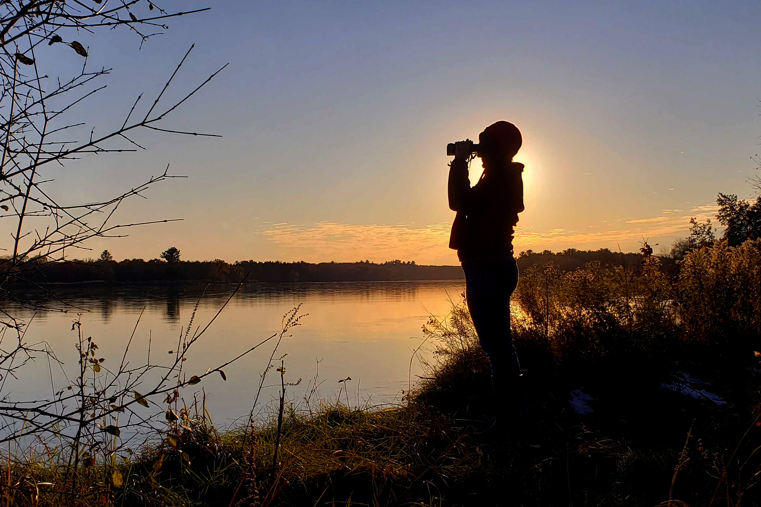 Silhouette of a person holding binoculars, standing by a calm lake during sunset. Trees and bushes frame the scene, creating a peaceful atmosphere.